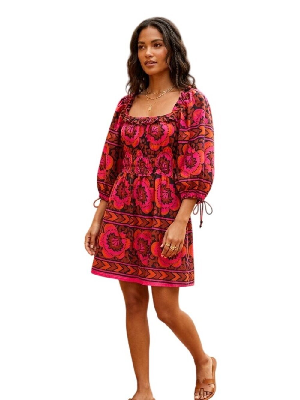 House Of Harlow X Revolve Shania Fuschia Print Dress Bohemian Ruffled Size M